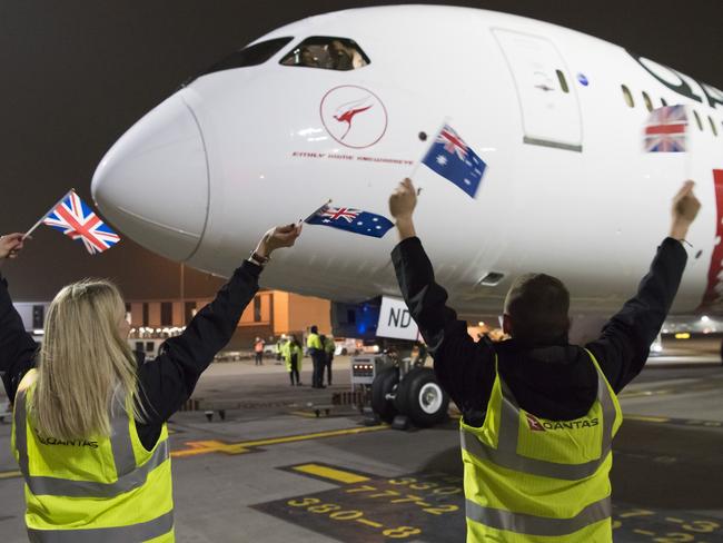 Qantas Dreamliner QF9 - the first direct flight from Australia to London arrives at Heathrow form Perth.