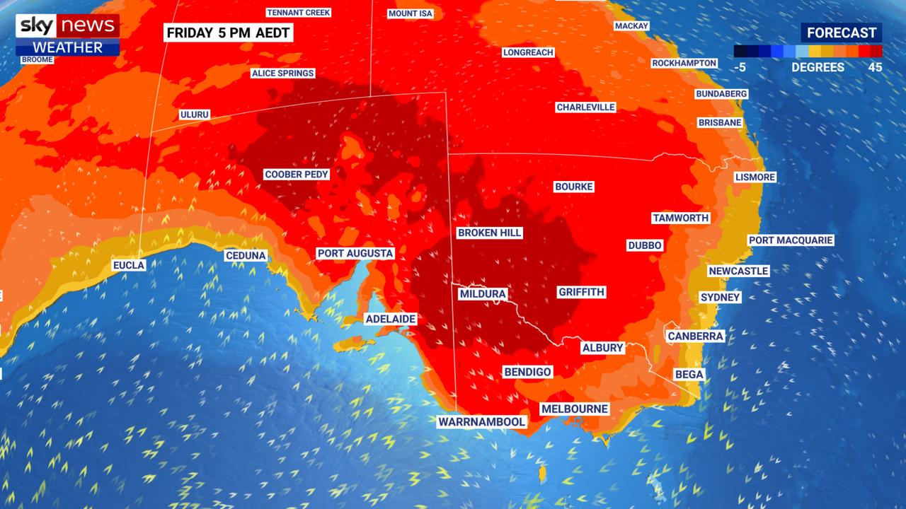 On Friday that heat will return to Victoria and just stick around in SA. Picture: Sky News Weather.