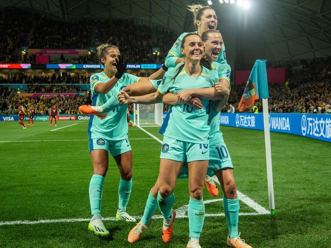 MELBOURNE, AUSTRALIA - JULY 31: Hayley Raso of Australia celebrates her 2nd goal during the FIFA Women's World Cup Australia &amp; New Zealand 2023 Group B match between Canada and Australia at Melbourne Rectangular Stadium on July 31, 2023 in Melbourne, Australia. (Photo by Will Murray/Getty Images)