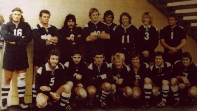 The 1975 Maroochydore Swans a-grade team. Back: Alf Tisler, Dave Arabina, Perry Andrews, Kev Hackney, John Fielding, Bill Barnes, John ‘Bluey’ Purcell, Peter Cox. Front: Paul Smith, Kev Wormington, Greg Appleton, Peter Cameron, Bruce Sinclair, Bob Miller, Noel ’Squizzy’ Taylor and Coach Reg Cannon.