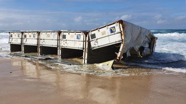 A container from the APL England that washed up at Birdie Beach in NSW. Picture: AAP Image/Supplied by Transport for NSW