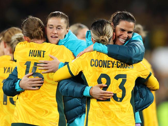 Williams (R) hasn’t taken the pitch but has partaken in the joy at her likely last World Cup. Picture: Brendon Thorne/Getty Images