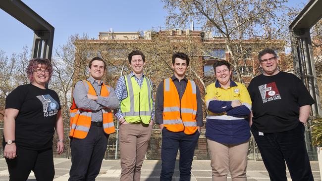 UniSA Construction Management lecturer Anna-Clare Longford (far left) and UniSA Professor Nicholas Procter (far right) with UniSA Construction Management students at the city campus ahead of R U OK Day. Picture: Matt Loxton