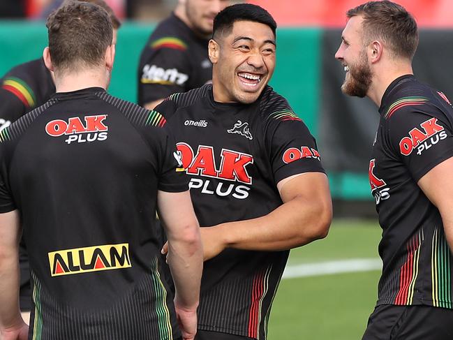 Moses Leota with Penrith teammates. Picture: Getty Images