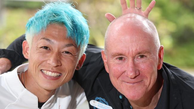 Village Roadshow Theme Parks Gold Coast Marathon, Elite Athlete Media Conference at QT hotel Surfers Paradise. What do these two marathoners have in common, both are known as bluey, Jo Fukuda because of his hair dye and Pat Carroll because he's a red head. .  Picture Glenn Hampson