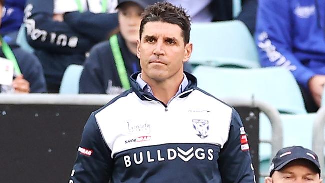 SYDNEY, AUSTRALIA - JUNE 14:  Bulldogs coach Trent Barrett looks dejected as Josh Jackson of the Bulldogs leaves the field after being sent off for 10 minutes during the round 14 NRL match between the Canterbury Bulldogs and the St George Illawarra Dragons at Stadium Australia, on June 14, 2021, in Sydney, Australia. (Photo by Mark Kolbe/Getty Images)