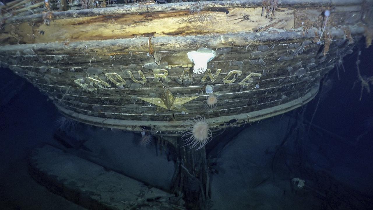 The ship’s name, Endurance, can easily be seen on the stern of the wreck, discovered 3008m below the surface in icy waters of the Weddell Sea in Antarctica. Picture: Falklands Maritime Heritage Trust