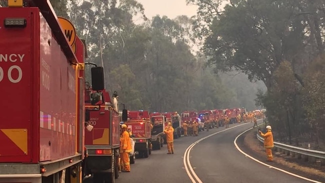 CFA crews outside Briagolong on their way to tackle the raging fires. Picture: CFA Rosebud