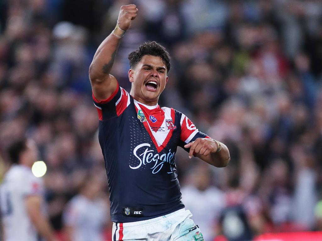 Roosters Latrell Mitchell celebrates at full time after the Sydney Roosters defeated the Melbourne Storm in the 2018 NRL Grand Final at ANZ Stadium. Picture. Phil Hillyard