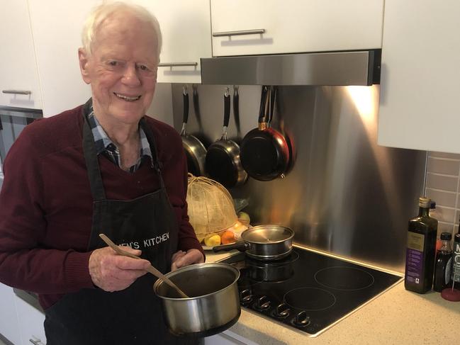 Ray McGimpsey, 95, getting ready to try out another Men's Kitchen recipe in his Belrose home on Monday Picture: Jim O'Rourke