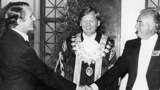 Ron Walker as Melbourne lord mayor with Malcolm Fraser and Gough Whitlam the day before Whitlam’s dismissal in 1975.