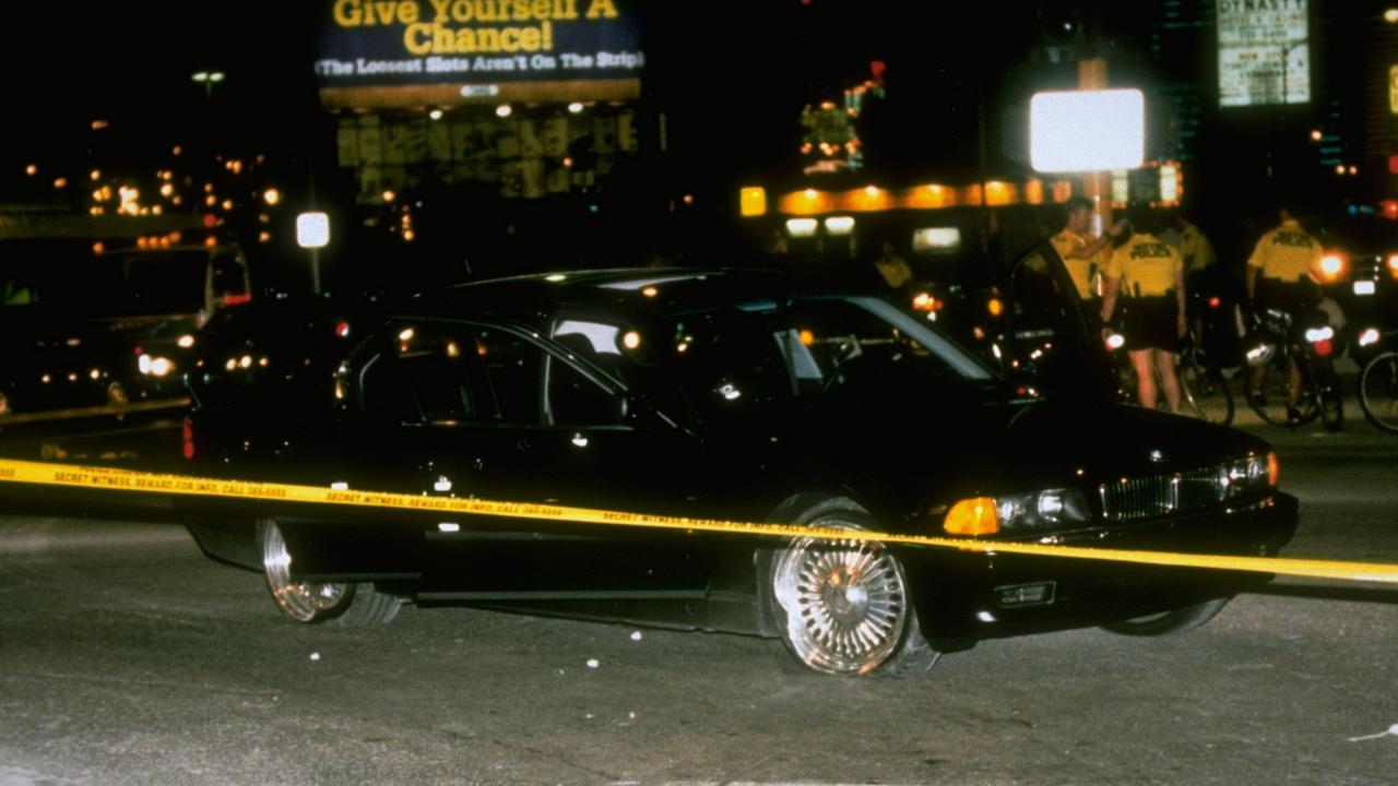 The black car in which rapper Tupac Shakur was fatally shot by unknown driveby assassins as he was riding with friend who survived shooting. Picture: Getty Images.