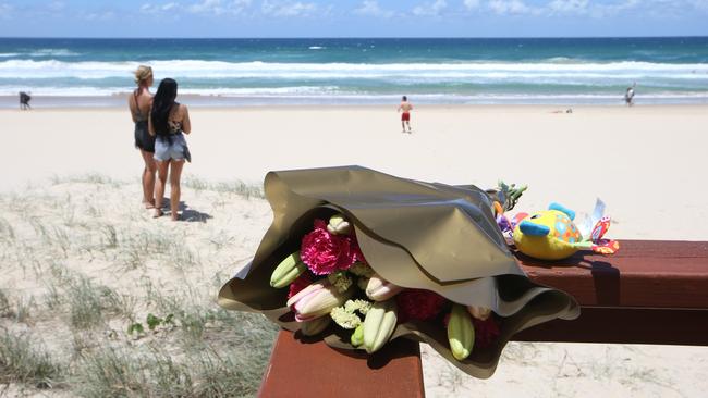 Tributes left for the baby girl who died on the beach at Surfers Paradise. Picture: Glenn Hampson