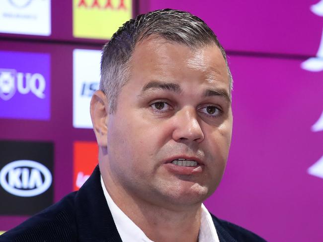 BRISBANE, AUSTRALIA - AUGUST 26: Brisbane coach Anthony Seibold speaks to the media during a Brisbane Broncos NRL media opportunity at the Clive Berghofer Centre on August 26, 2020 in Brisbane, Australia. (Photo by Jono Searle/Getty Images)