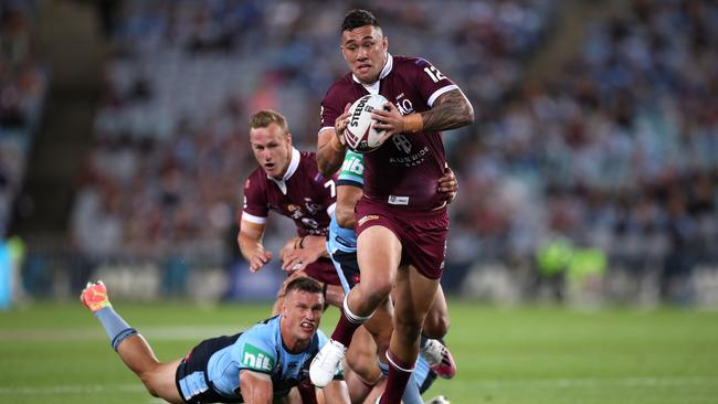 SYDNEY, AUSTRALIA – NOVEMBER 11: Jaydn Su'A of the Maroons is tackled during game two of the 2020 State of Origin series between the New South Wales Blues and the Queensland Maroons at ANZ Stadium on November 11, 2020 in Sydney, Australia. (Photo by Mark Kolbe/Getty Images)