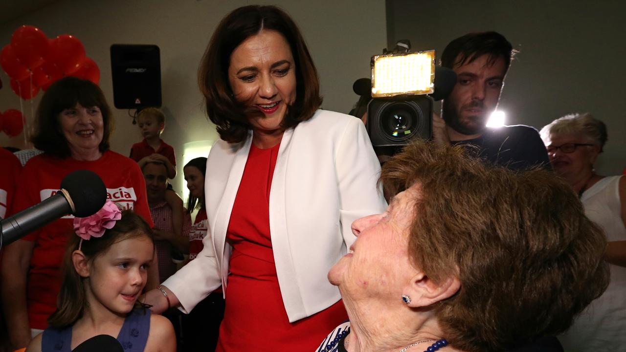 Ms Palaszczuk at her 2015 election party with her grandmother, Beryl Erskine. Picture: Adam Head