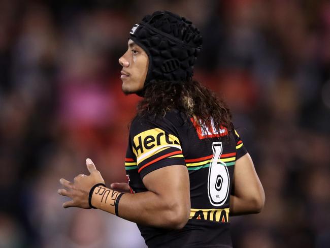 PENRITH, AUSTRALIA - AUGUST 04: Jarome Luai of the Panthers warms up ahead of the round 23 NRL match between Penrith Panthers and Melbourne Storm at BlueBet Stadium on August 04, 2023 in Penrith, Australia. (Photo by Jason McCawley/Getty Images)