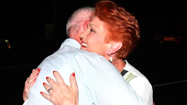 Queensland One Nation leader Steve Dickson greets One Nation leader Senator Pauline Hanson at the campaign party house in Buderim on the Sunshine Coast, Saturday, November 25, 2017. (AAP Image/Mick Tsikas) NO ARCHIVING