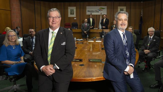 Mayor Peter Flannery and CEO Greg Chemello with their team from the Moreton Bay Regional Council hand at the budget meeting. PHOTO: Sarah Marshall