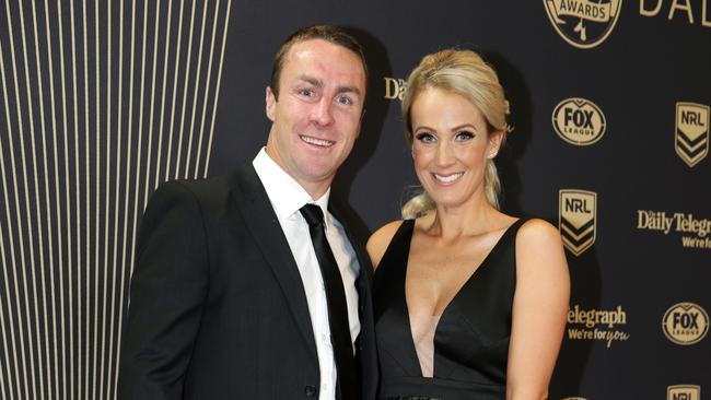 James Maloney and wife Jessica Anderson on the red carpet at the 2018 Dally M Awards held at the Overseas Passenger Terminal, Sydney. Picture: Jonathan Ng