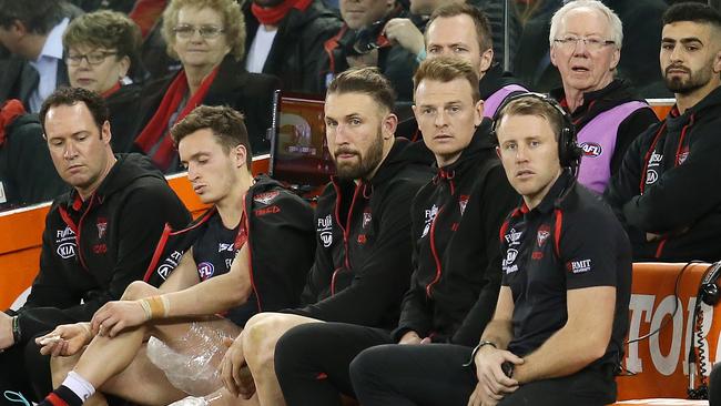 Brendon Goddard sits on the bench after injuring his knee. Picture: Michael Klein