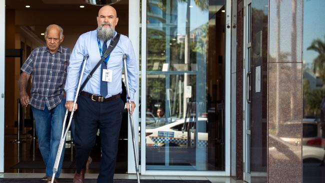 Craig Oldroyd (right) leaves the building ahead of another man who supported him in court on Tuesday. Picture: Pema Tamang Pakhrin