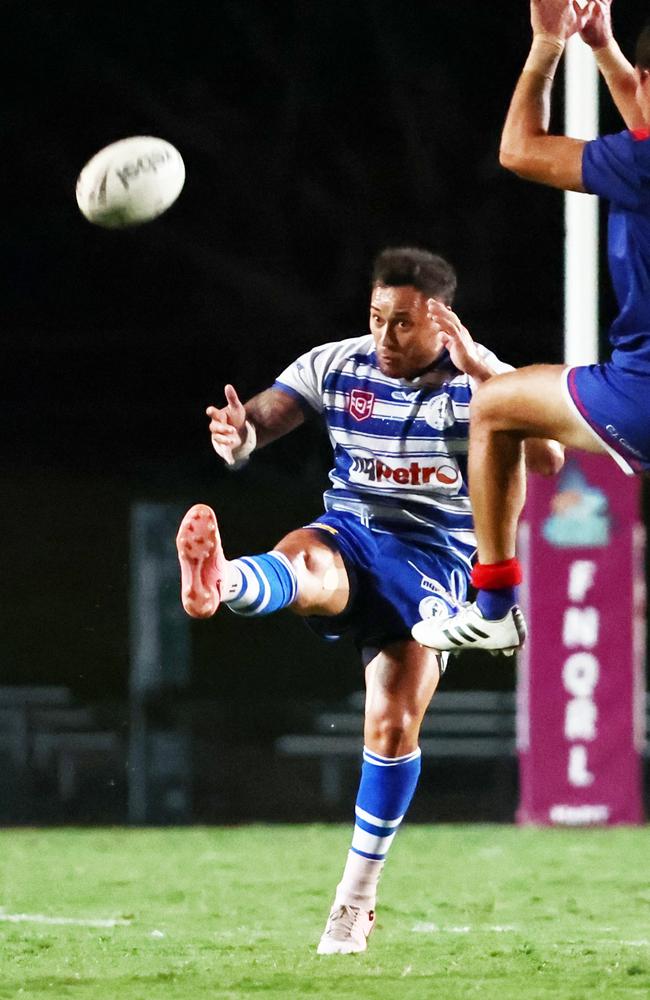 Brothers captain-coach Jordan Biondi-Odo kicks the ball in the FNQRL A grade grand final match between the the Ivanhoe Knights and the Cairns Brothers, held at Barlow Park. Picture: Brendan Radke