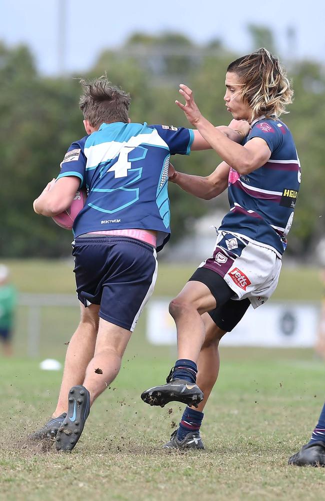 RUGBY LEAGUE: Justin Hodges and Chris Flannery 9s Gala Day. Mountain Creek State High (white shorts) V Morayfield State High, year 10. Picture: Patrick Woods.