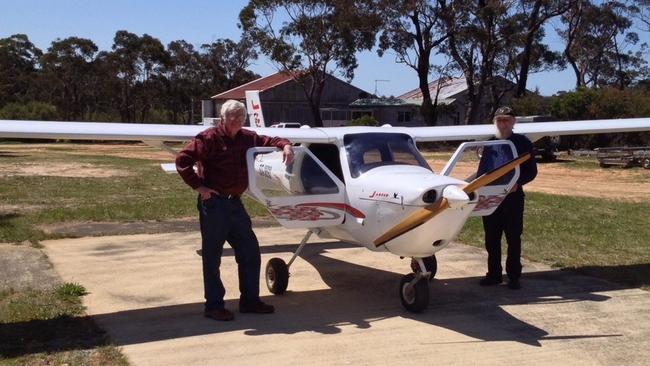 Former leaseholder of the airfield, the late Rod Hay, with Blue Mountains Aviators Club president Fred Taylor. Club members have operated private and commercial aircraft from Katoomba Airfield since it opened. Picture: Katoomba Airfield Facebook