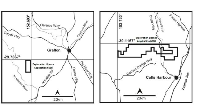 Two exploration licence applications have been submitted by Christopher Wilson Investments for mining in the Coffs/Clarence region. One is north west of Coffs Harbour on either side of the Orara Way and River, the other is south east of Grafton close to the Nymboida river.