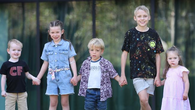 WARNING WARNING CONTACT THE HERALD SUN PICTURE DESK BEFORE USE WARNING WARNING 2024 Good Friday Appeal regional Victoria launch kids at the RCH. Ollie Robertson 3 years old from Ballarat, Ava Rees 6 years old from Numurkah, Tedi Rudd 4yrs old from Torquay, Dominic Beagley 10 years old from Bendigo and   Maisie Davies from Warragul.  Picture: David Caird