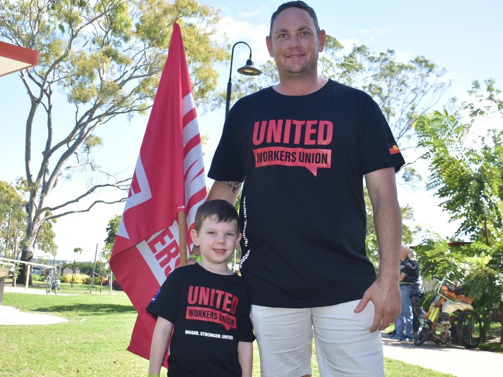 Mackay Labour Day march 2021. Beau Hamilton, 5, with his dad Shane Hamilton. Picture: Melanie Whiting