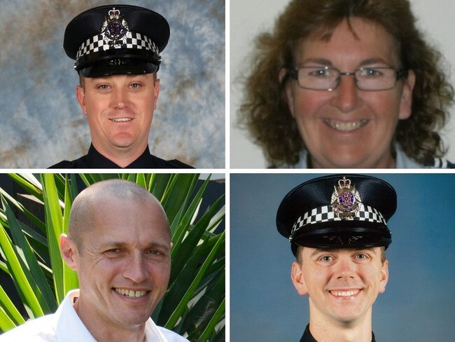 The four victims of a horror crash on the Eastern Freeway (clockwise from top left) – Constable Glen Humphris, Leading Senior Constable Lynette Taylor, Senior Constable Kevin King, Constable Joshua Prestney.