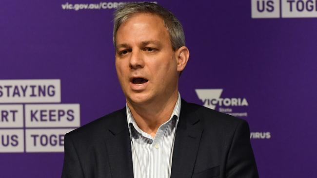 Victoria's Chief Health Officer Dr Brett Sutton addresses the media during a press conference in Melbourne, Monday, May 4, 2020. Victorian Premier Daniel Andrews has announced Victoria has recorded 22 new cases of COVID-19, with 19 connected to an outbreak at a meat works. (AAP Image/James Ross) NO ARCHIVING