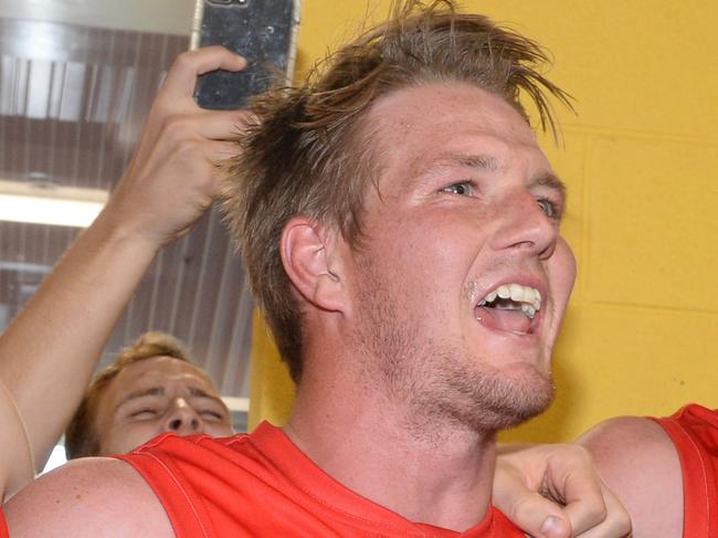 EFL Division 1 football: East Ringwood v Montrose at East Ringwood Reserve. Montrose player Sam Gibson (centre)made a successful comeback after treatment for leukaemia with the demons getting up for an emotional win. Picture:AAP/ Chris Eastman