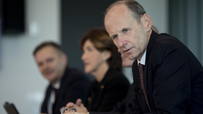 ANZ CEO Shayne Elliott in Brisbane with Suncorp CEO Steve Johnston and Suncorp chair Christine McLoughlin in background. Picture: Arsineh Houspian