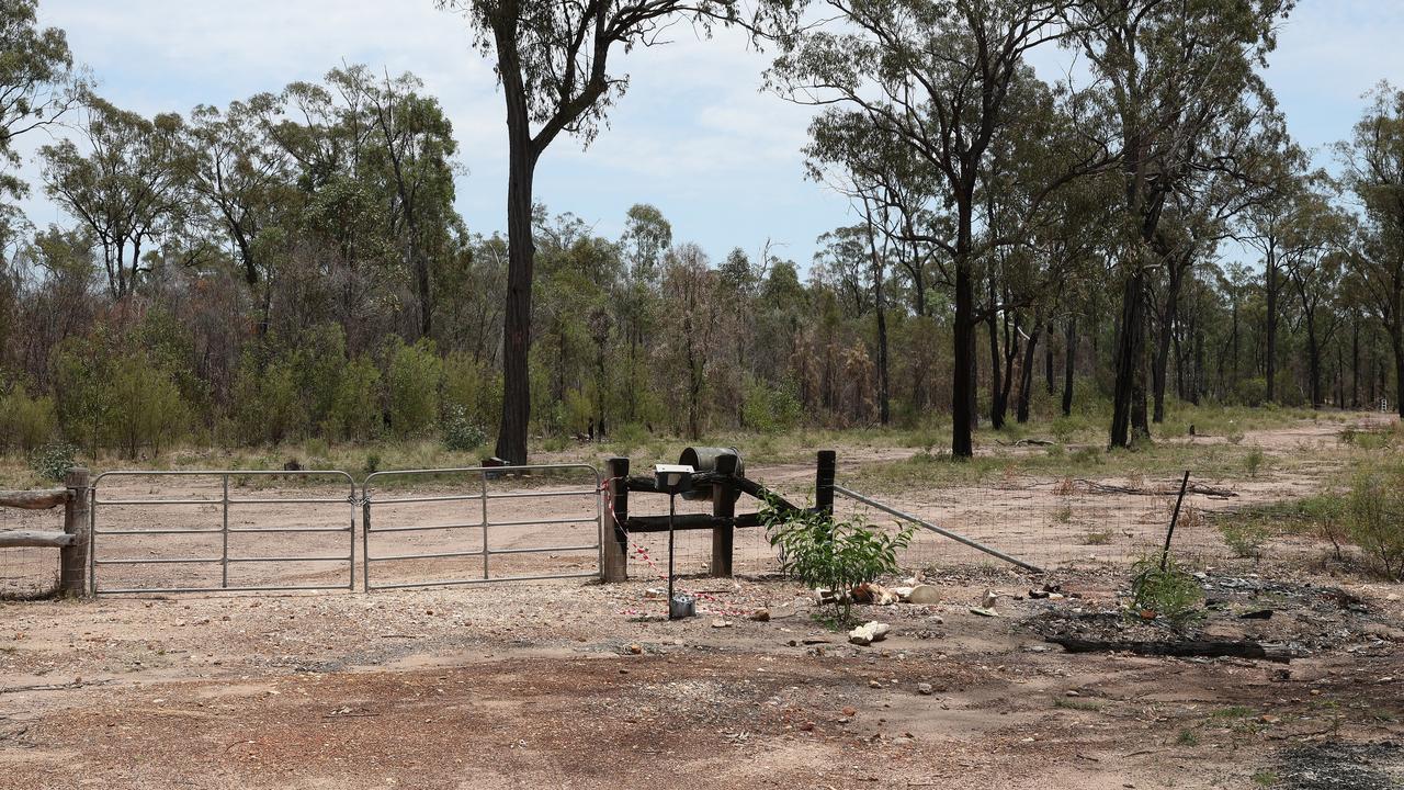 The burnt out remains at the front fence of the Wieambilla property. Picture: Liam Kidston