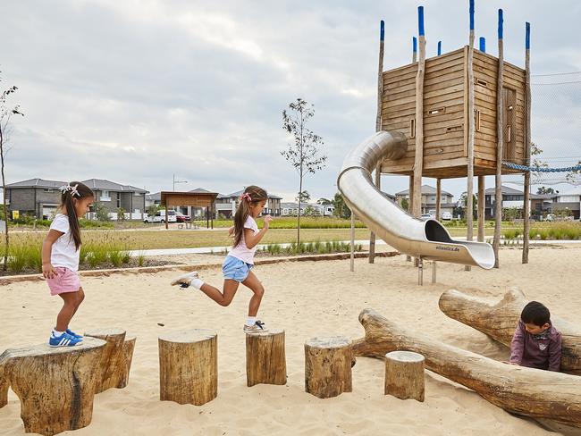 Kids at play in Willowdale regional park. Stockland’s master planned community in Denham Court will eventually also have exercise facilities, wetlands and boardwalks.