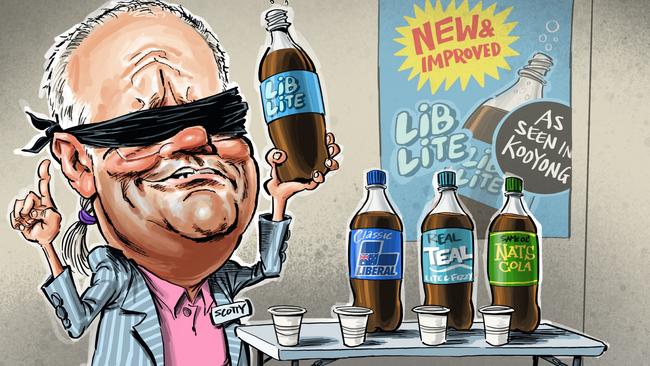 Joe Hildebrand Opinion column artwork. Former PM Scott Morrison's idea for a new Liberal 'lite' brand to recapture the Teal vote is a mistake. By Terry Pontikos