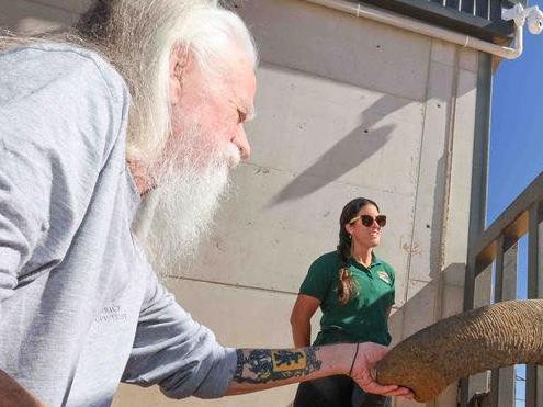 Brett was reunited with an old friend – Permai the elephant., Brett was Permai’s keeper almost 30 years ago at the Perth Zoo, and thanks to the team at Ambulance Wish SA, they were able to catch up for one last time. Picture: SA Health