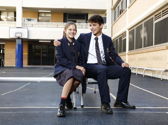 DAILY TELEGRAPH 4TH FEBRUARY 2025Pictured at St Mary's Cathedral College in Sydney are students Maria Piccolo (starting year 7) and her brotherJonathan Piccolo (year 10).One of the biggest changes in the Sydney Catholic school network this year is St Mary's Cathedral College officially transitioning to co-education. The school's first female Year 7 students will walk through the gates on Tuesday.Picture: Richard Dobson