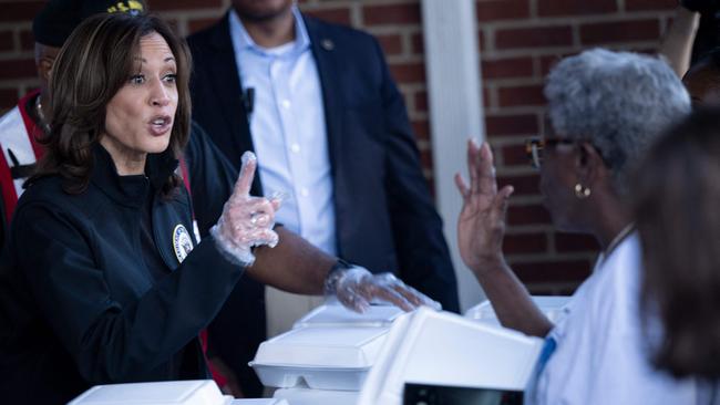 Kamala Harris helps distribute aid in Augusta, Georgia. Picture: AFP