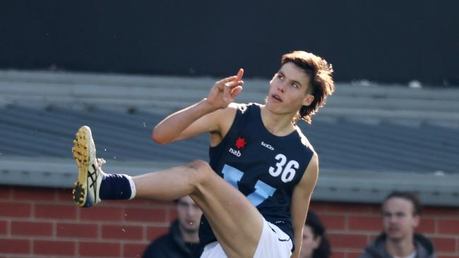 Vic Country vs Vic Metro Under 19 Challenge game at Windy Hill. 09/07/2021. Vic MetroÃ•s Sam Darcy snaps a goal . Pic: Michael Klein