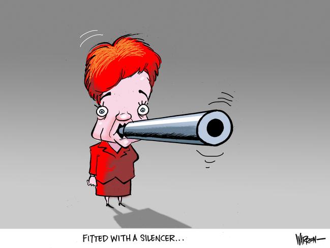 The Daily Telegraph cartoonist Warren Brown fits Pauline Hanson with a silencer.