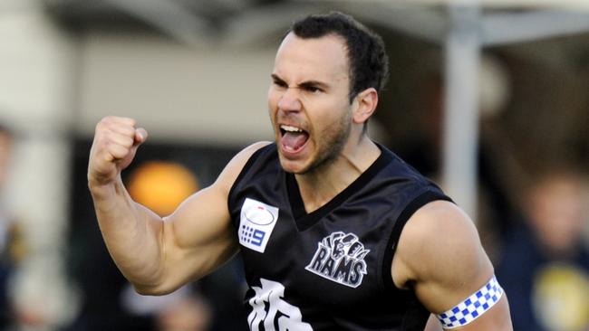 East Burwood’s Adrian Gileno celebrates a goal.