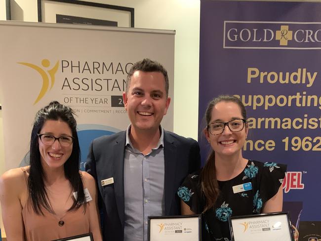 Pharmacy Assistant of the Year state finalist Melanie Spina from Alive Pharmacy Warehouse Innisfail, Pharmacy Guild of Australia acting national president Professor Trent Twomey and PATY Queensland winner Bridgette Atkinson from Babinda Pharmacy. PIC: SUPPLIED