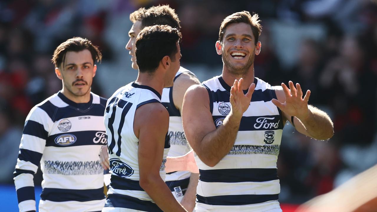 Tom Hawkins of the Cats celebrates a second quarter goal. Picture: Michael Klein