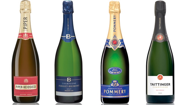 Piper-Heidsieck cuvee brut NV, Forget-Brimont brut premier cru NV, Pommery brut royal NV, and the Taittinger brut reserve NV.