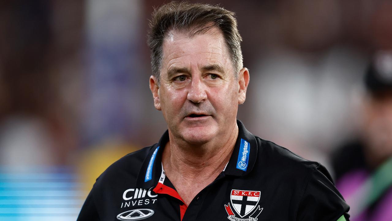 MELBOURNE, AUSTRALIA - MARCH 21: Ross Lyon, Senior Coach of the Saints looks on during the 2024 AFL Round 02 match between the St Kilda Saints and the Collingwood Magpies at the Melbourne Cricket Ground on March 21, 2024 in Melbourne, Australia. (Photo by Michael Willson/AFL Photos via Getty Images)