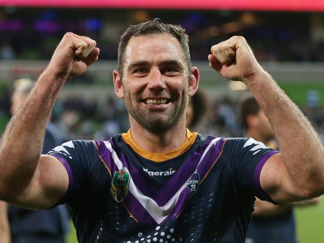 Cameron Smith of the Storm celebrates after the Preliminary Final match between the Melbourne Storm and the Cronulla-Sutherland Sharks at AAMI Park in Melbourne, Friday, September 21, 2018. (AAP Image/Hamish Blair) NO ARCHIVING, EDITORIAL USE ONLY